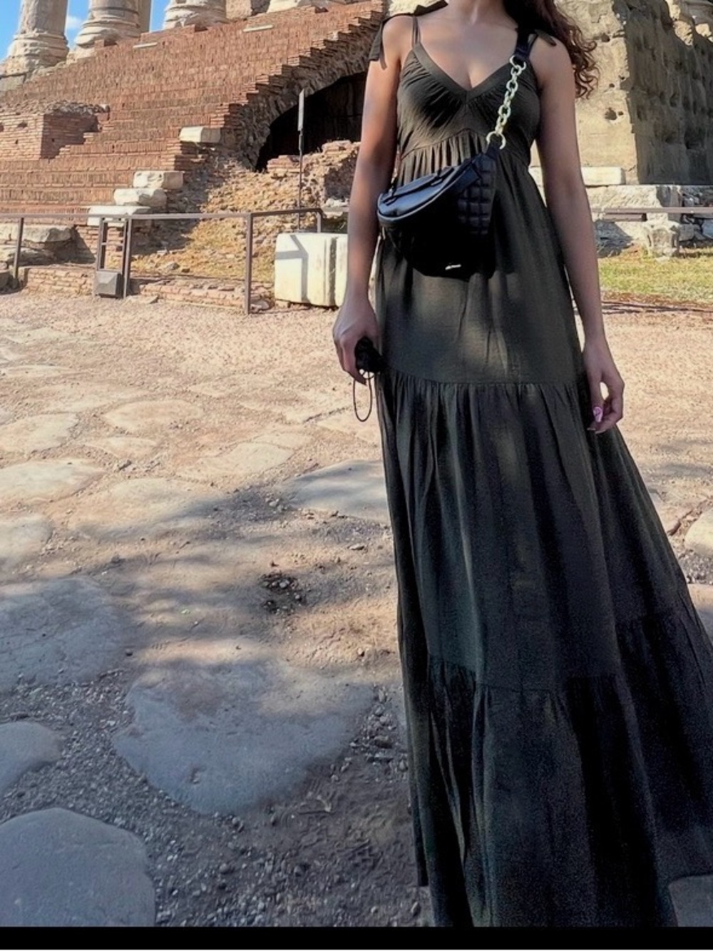 Express Olive Green Tiered Maxi Dress with Tie Straps